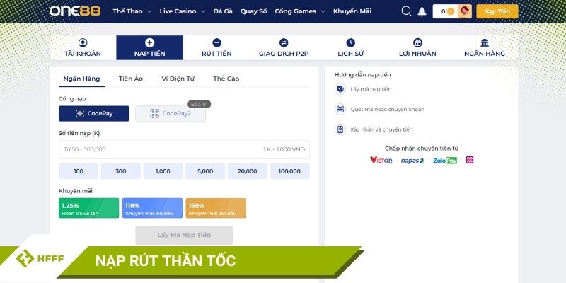Nạp rút thần tốc là điểm mạnh của nhà cái ONE88