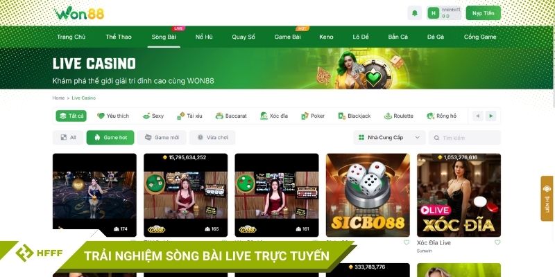 Trải nghiệm sòng bài live trực tuyến tại WON88