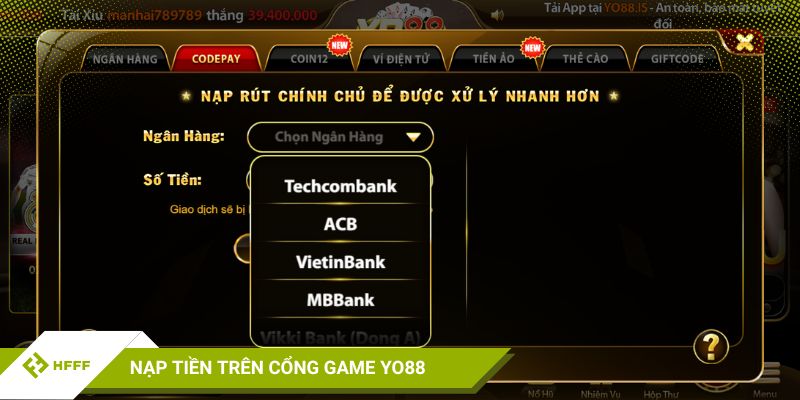 Nạp tiền trên cổng game đổi thưởng Yo88